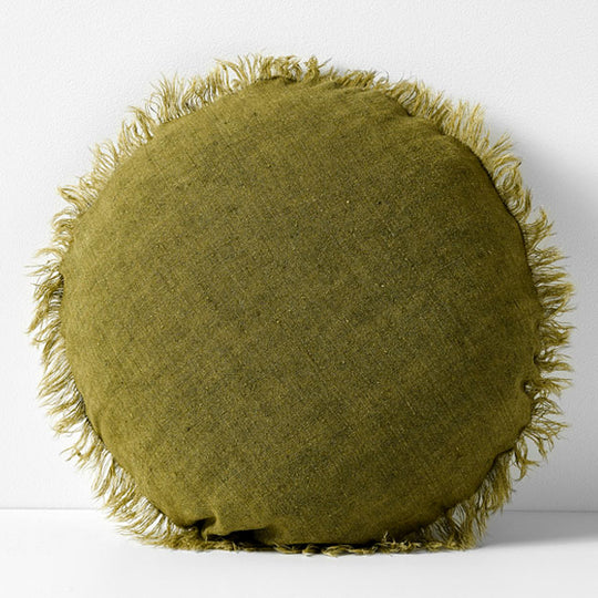 Vintage Linen Fringe 45cm Round Filled Cushion Olive