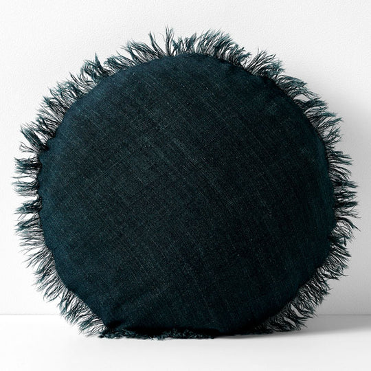 Vintage Linen Fringe 45cm Round Filled Cushion Slate