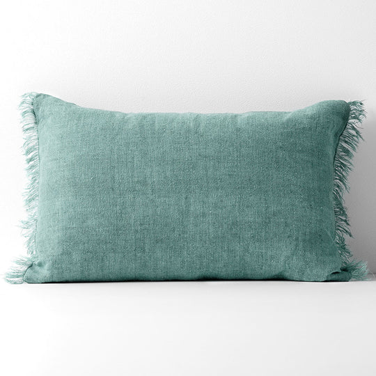 Vintage Linen Fringe 35x55cm Filled Cushion Jade