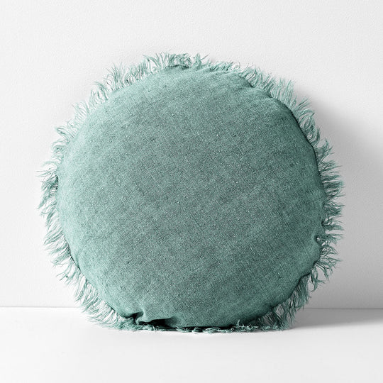 Vintage Linen Fringe 45cm Round Filled Cushion Jade