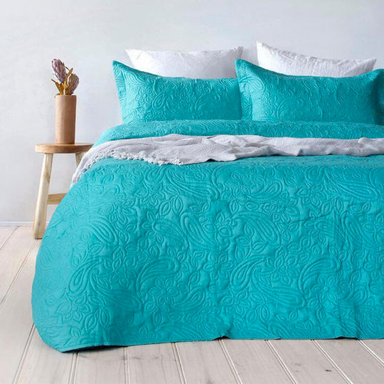 Embossed Paisley Queen to King Bed Coverlet Set Peacock