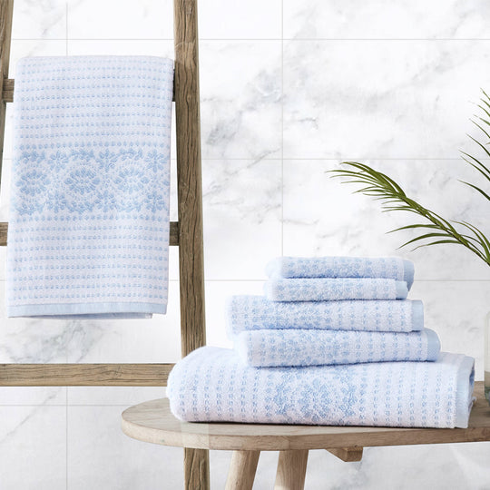 Forever Eyelet 6 Piece Cotton Towel Set Blue Cashmere and Snow