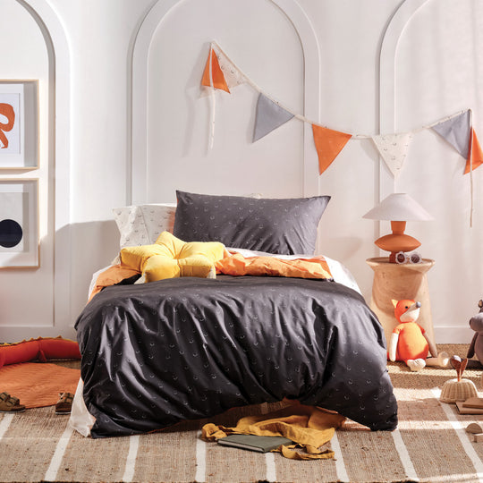 Smiles All Round Quilt Cover Set Range Charcoal and Apricot