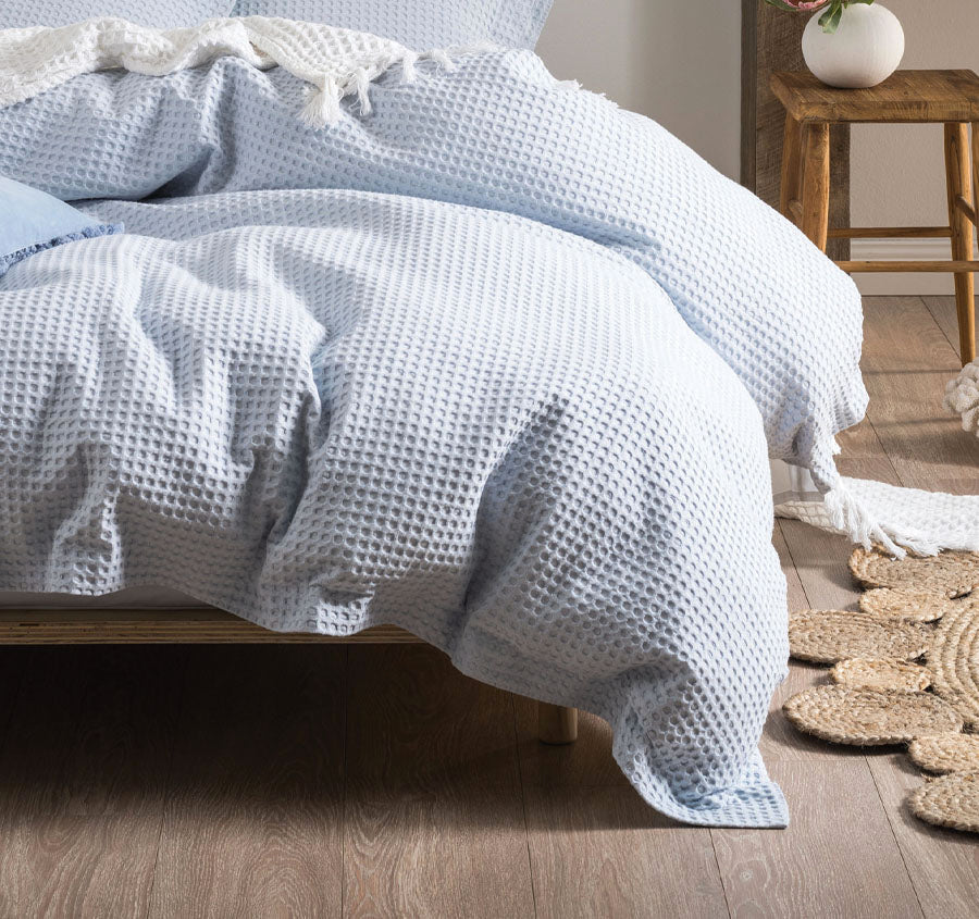 Deluxe Waffle Queen Bed Quilt Cover Set Soft Blue