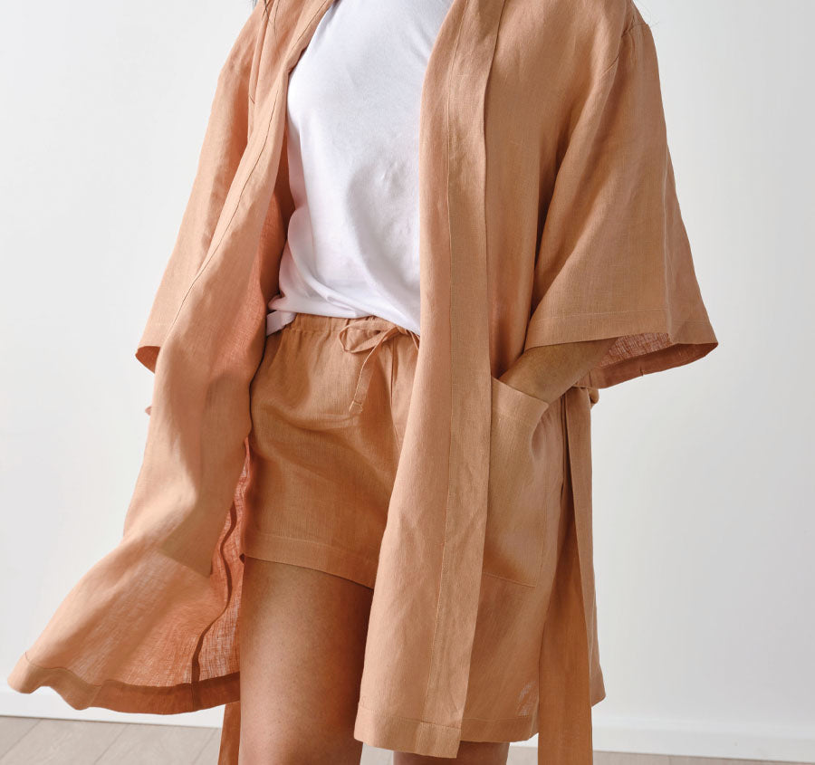 Nimes Linen One Size Short Bathrobe Clay