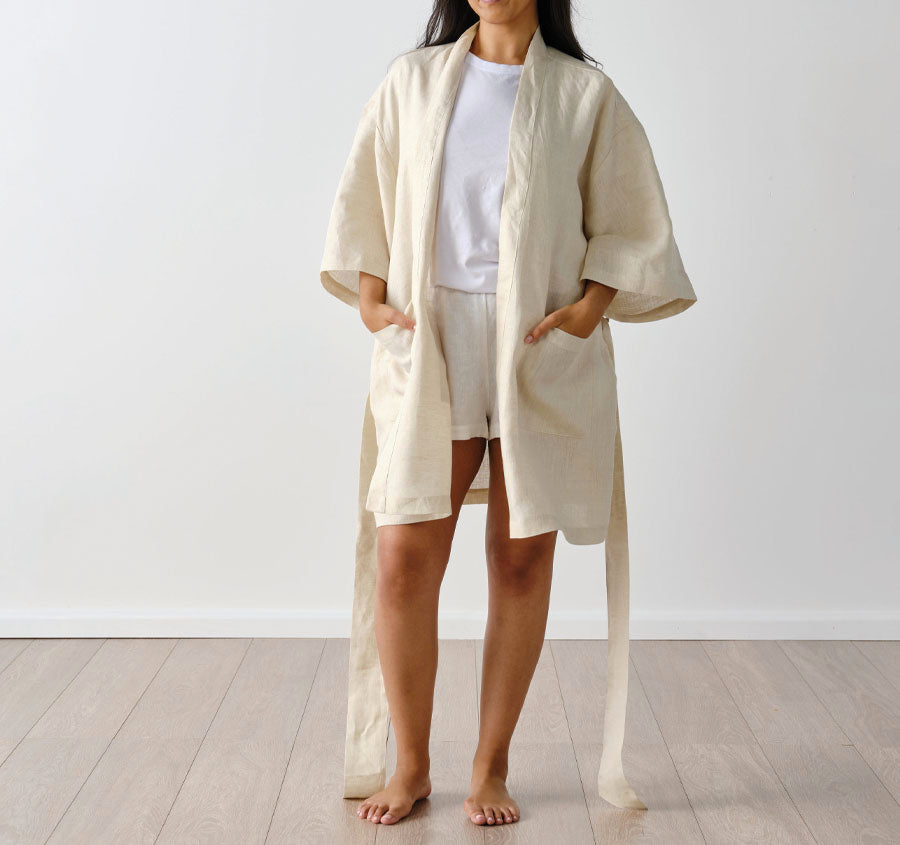 Nimes Linen One Size Short Robe Natural