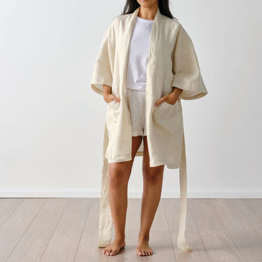 Nimes Linen One Size Short Robe Natural