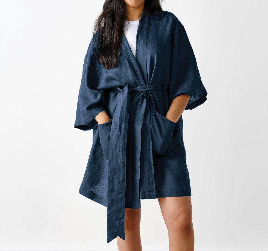 Nimes Linen One Size Short Robe Navy
