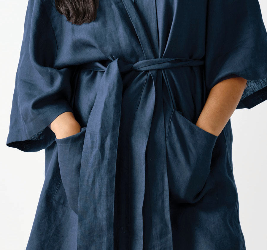 Nimes Linen One Size Short Robe Navy