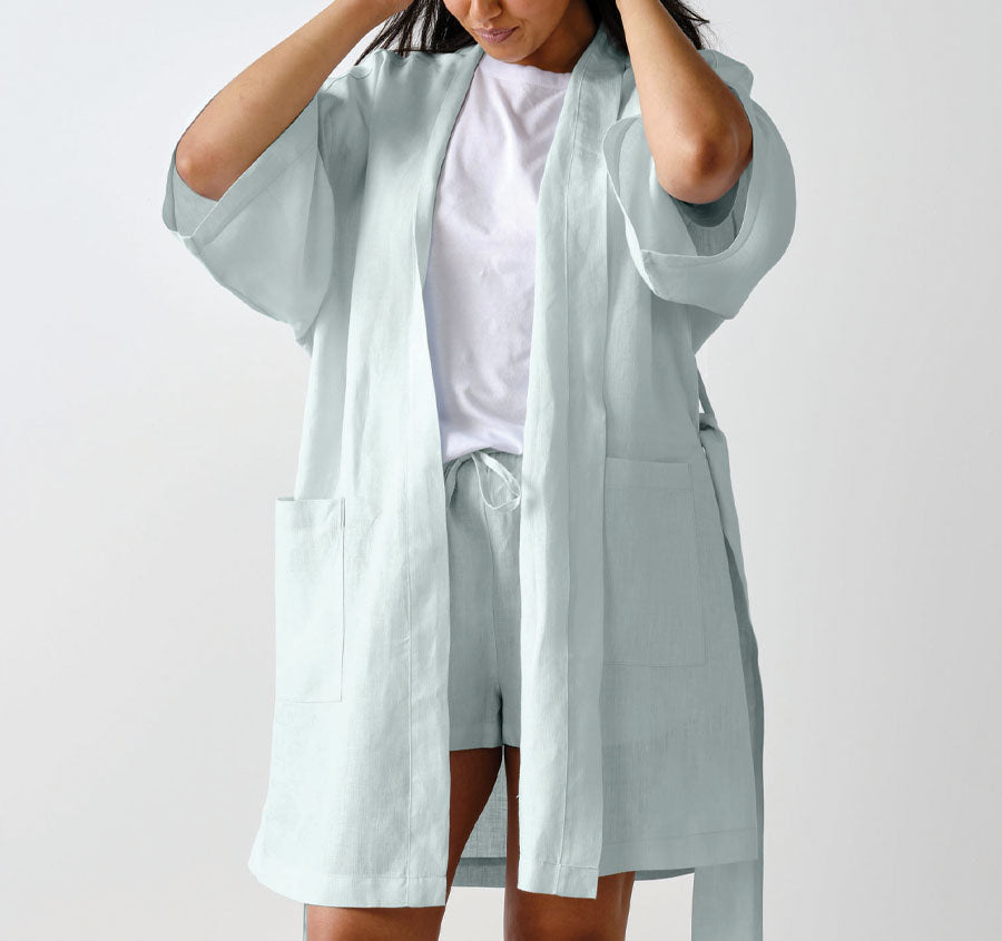 Nimes Linen Linen One Size Short Bathrobe Sky